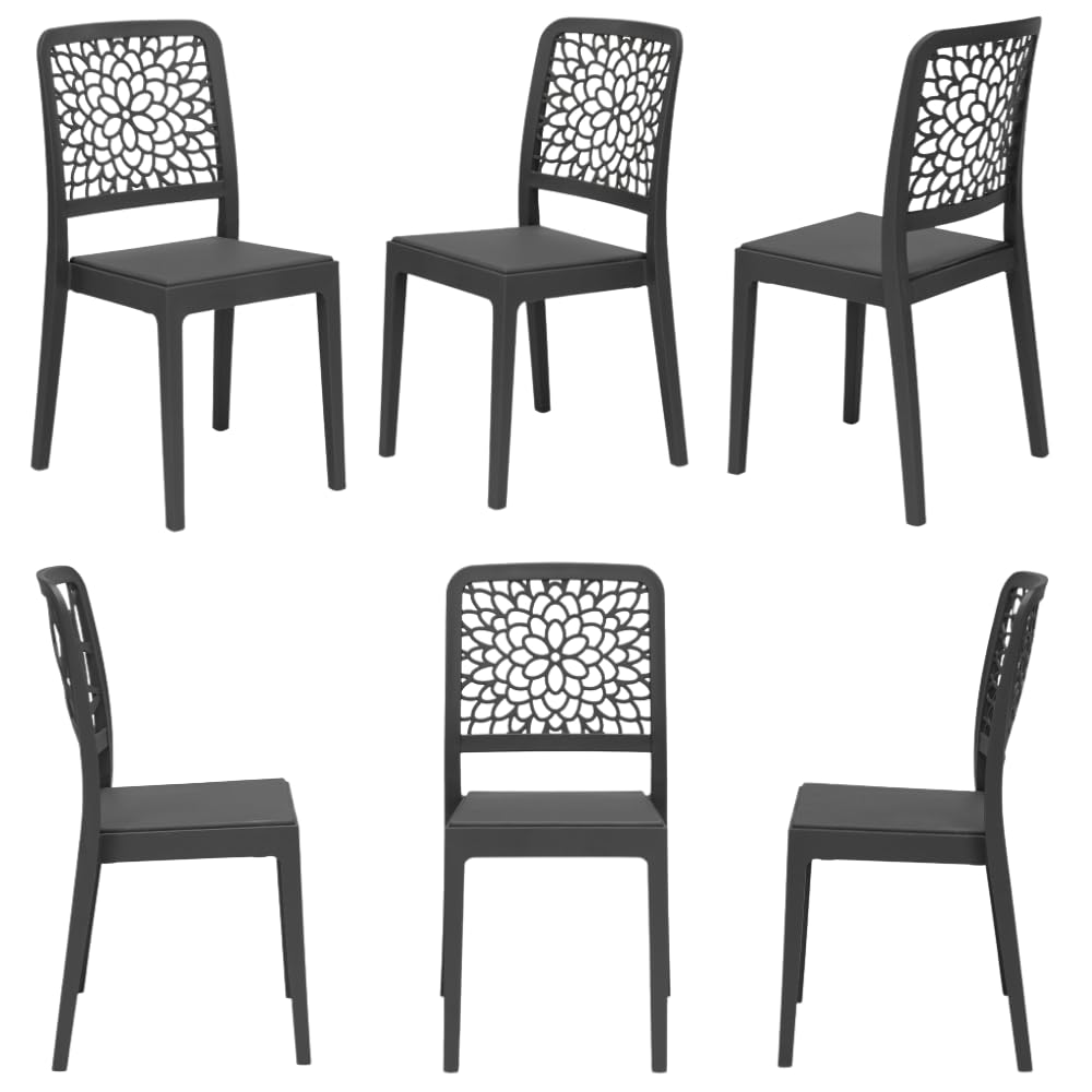 Set 6 sedie in polipropilene TICHE, MADE IN ITALY, impilabile, idrorepellente, resistenza raggi UV, design moderno floreale per sala da pranzo, cucina, bar, ristoranti, esterno (6, Antracite)