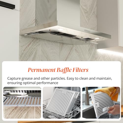Image of FIREGAS Wall Mount Range Hood 30 Inch, 600 CFM Ducted /Ductless Convertible Stainless Steel Kitchen Vent Hood with 3 Speed Fan, LED Lights and Push Button Control