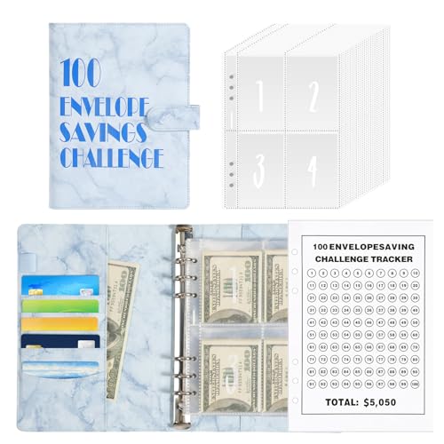 Goiern 100 Umschläge Saving Challenge, Sparbuch mit Geldumschlägen, Umschlag Challenge Binder, A5 Budget Planer Umschlagmethode, Sparen Herausforderung Binder(Blau)