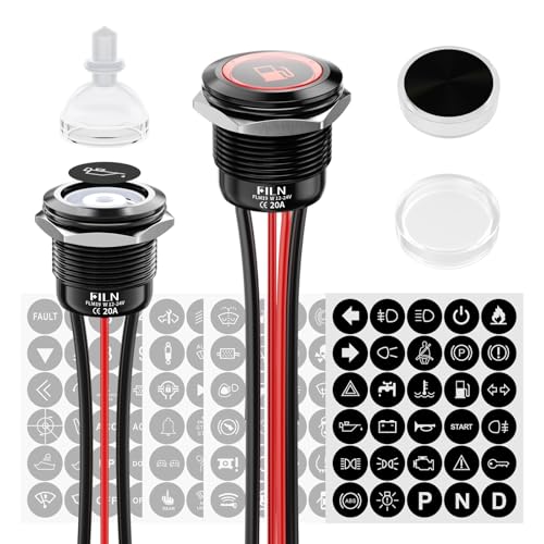 Image of FILN 2Pcs 19mm Latching Push Button Switch with 180 Symbols, IP67 Waterproof 12V - 24V 20A ON-OFF Power Switch with Lock for Control Panel, Automotive, Marine Boat, Industrial Equipment(Red Light)