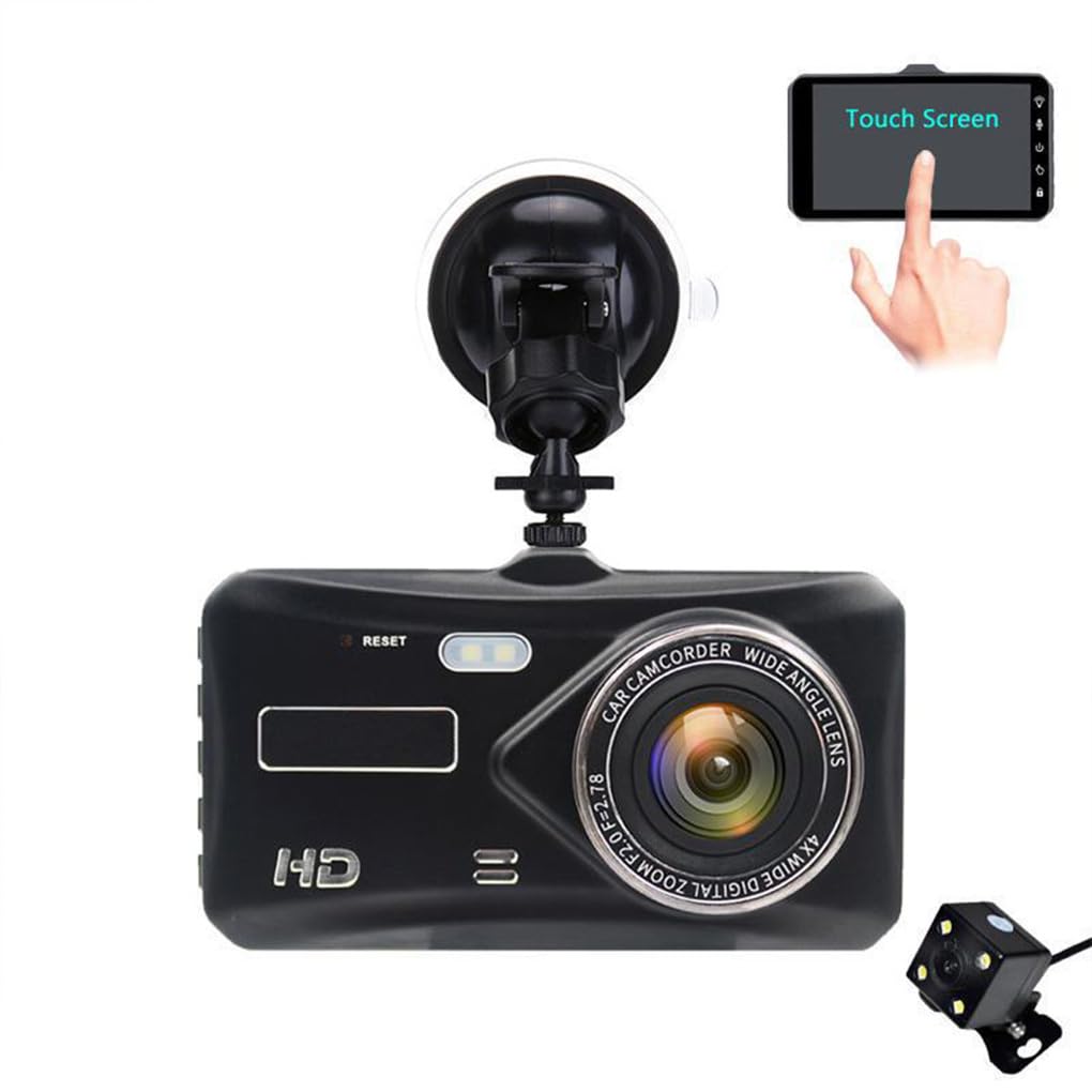 Dash cam con schermo da 4 pollici e notturna per registrazioni | giorno e di notte, con doppia registrazione anteriore e posteriore e funzione di retromarcia.