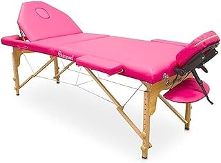 QUIRUMED Camilla de Masaje Plegable, de Madera, 186 x 66 cm, con Respaldo, Color Rosa, Agujero Facial, Tapón Facial, Cabezal extraíble, Mochila de Transporte, hasta 140 kg