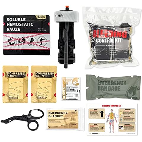 RHINO RESCUE Individuelles Blutungskontrollset, IFAK-Trauma-Kit, Militärisches Erste-Hilfe-Nachfüllset mit Tourniquet, hämostatischer Gaze, 6 "Israeli Bandage, 2 komprimierte Gaze Cover
