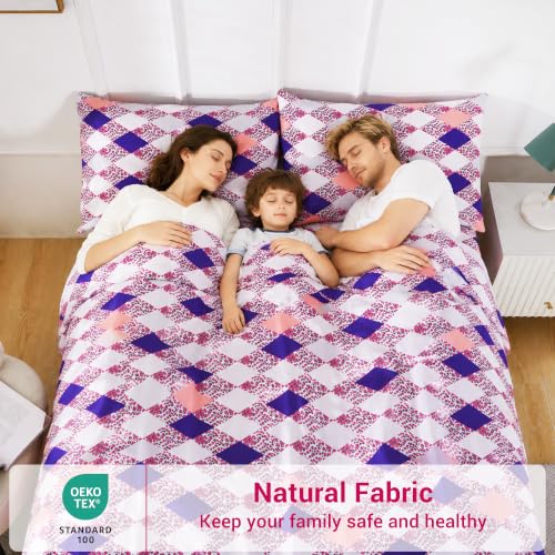 Image of Softan Geometric Argyle Leopard Print Full Sheet Set, Patterned Microfiber Bed Fitted Sheets with 15 inch Deep Pocket & Non-Slip Corner Straps, Pink Purple Modern Aesthetic Double Sheets & Pillowcase Set