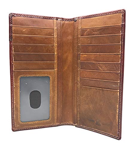 Western Genuine Leather Rooster Tooled Laser Cut Men's Long Bifold Wallet in 4 colors (Brown/Turquoise)2