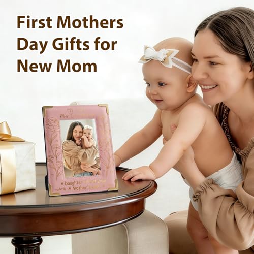 Image of FLYAB First Mothers Day Picture Frame 4x6 Mothers Day Gifts for Mom Grandma from Son Daughter Pink Mom Picture Frame for Tabletop Decorations Wood Leather Frame
