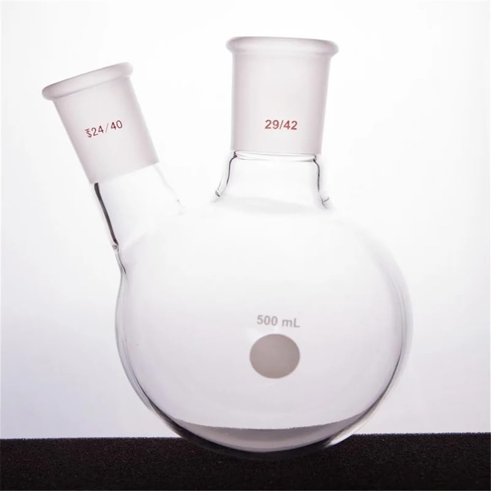 Laborglaswaren Dickwandige, schräge Flasche mit zwei Hälsen, Form eines Zweihalskolbens, Fassungsvermögen 500 ml, Borosilikatglas, F41(500mL-F414509)
