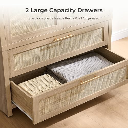 Image of SICOTAS Armoire Wardrobe Closet, Larger Rattan Wardrobe Storage Cabinet with 2 Drawers & Hanging Rod, Boho Large-Capacity Deep Clothes Organizer for Cloakroom, Bedroom, Light Oak (3 PCS)