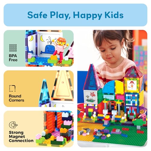 picassotiles 585pc kids activity table magnetic tiles and building bricks stem pretend play learning with reversible brick whiteboard tabletop storage bins and add-on toys boys girls ages 3 pbt585