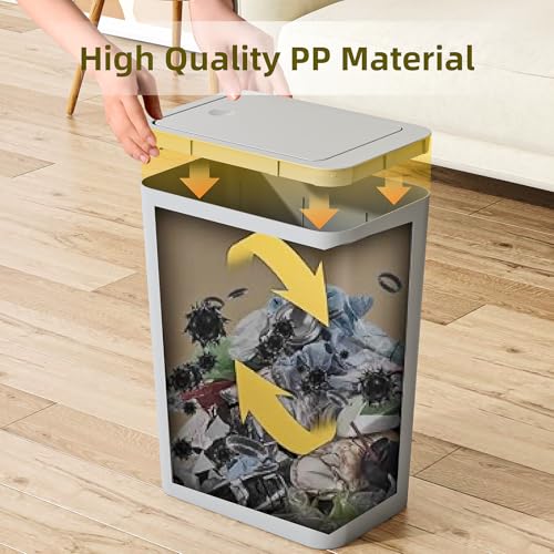 Image of 4 Gallon Bathroom Trash Can with Lid, 15 Liters Slim Garbage Can with Press Top, Dorm Room Small Trash Bin, Plastic Waste Basket for Bathroom, Office, Bedroom, Kitchen, Living Room, Laundry-Gray