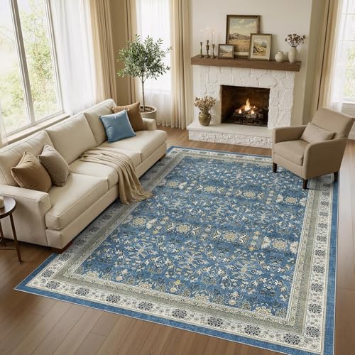 WITSHOCK Blue 10x12 Vintage Washable Rug