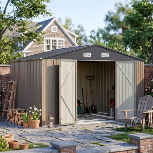 Image of Devoko 10x8 FT Outdoor Storage Shed with Floor Frame, Metal Tool Shed for Garden Backyard Patio(Brown)