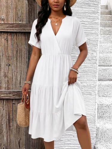 Image of PerZeal Women's Casual Tiered Midi Dress with Pockets - V Neck Short Sleeve Elastic Waist Ruffle Summer Dress for Daily Wear