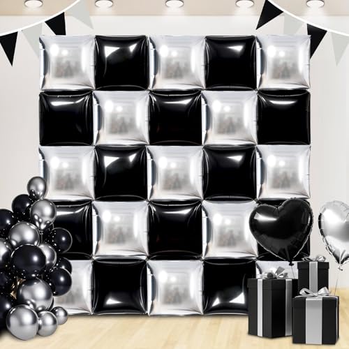 Image of TONIFUL Square Foil Balloon Wall 30pcs Black and Silver Pink Double Sided Mylar Square Balloon Garland Kit Balloons Background Arch for Checkered Racing Car Birthday New Years Decorations