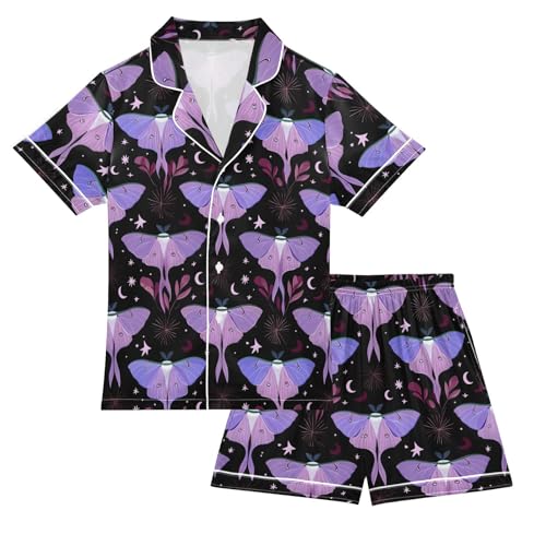 Purple Moths Moon Stars Pajamas Set Soft Satin Pjs Sets 2 Piece Short Sleeve Sleepwear Casual Loungewear