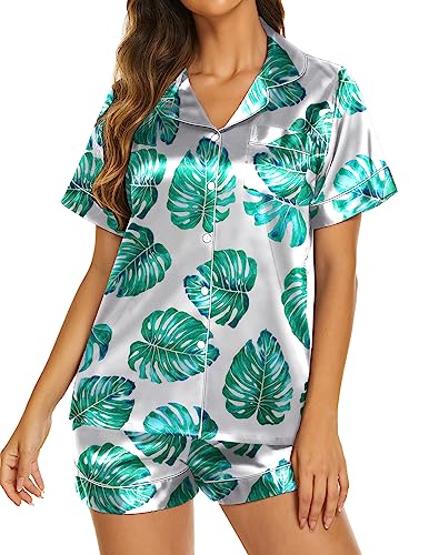 Image of Ekouaer Womens Pajama Sets 2 Piece Satin Silk Pjs Button Up Notch Collar Nightwear Short Sleepwear Set,Floral Green Leaves,Medium