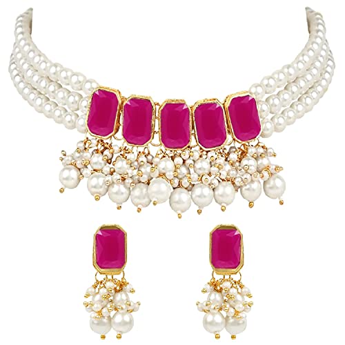 18K Plated Layered Pearl Choker Necklace Set with Earrings
