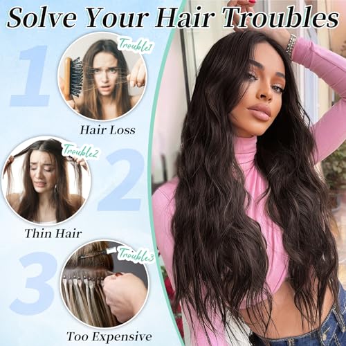 Image of KooKaStyle Wavy Thick Clip in Hair Extensions 20 inch Chocolate Brown 33Y# | 4 Pieces Clip in Extensions,Fiber Double Weft Hairpieces,Natural Volume,Beach Wave Synthetic Hairpiece for Women