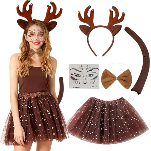 ZXTGBQ 5 PièCes Deguisement Renne Femme, Serre-TêTe avec Oreilles De Renne Serre Tete Renne Tutu Jupe Tatouages Temporaires NœUd Papillon Marron Queue De Cerf Marron DéGuisement Noel Carnaval Femme