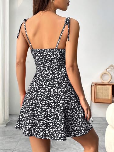 Image of Aahwan Women Fit and Flare Blue Summer Vacation Style Floral Print Spaghetti Strap with Shoulder Ties Mini Dress