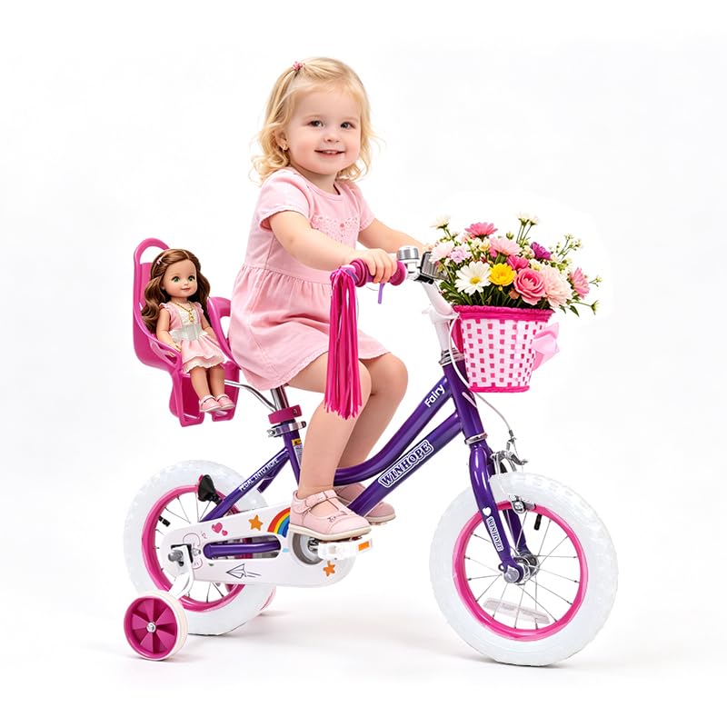Image of WinHope Girls Bike with Doll Seat, 12 14 16 18 20 Inch Kids Bike for 2-12 | Dual Brake with Training Wheels / Kickstand & Streamers Birthday Gift for Toddler Outdoor Riding, Multiple Colors