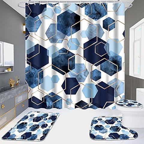 YOKYHOM Blue Bathroom Sets, 4 Piece Marble Bathroom Shower Curtain Sets with Rugs, Incl 71'' x 71'' Polyester Waterproof Shower Curtain with 12 Hooks, Non Slip Bath Mats and Toilet Lid Oval Rug Cover