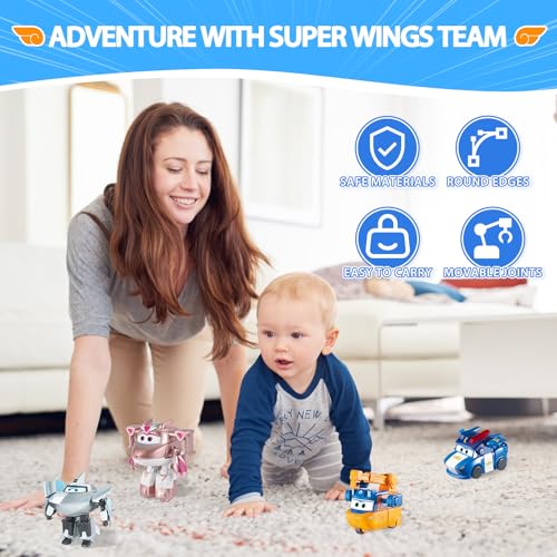 Super Wings 2" Transform-a-Bots 4-Pack, Supercharged Marty, Traver, Golden Girl, Lucie, Airplane Toys Vehicle Mini Figures, Fun Toys for Kids, Transformable Toy for 3 4 5 Year Old Boys and Girls