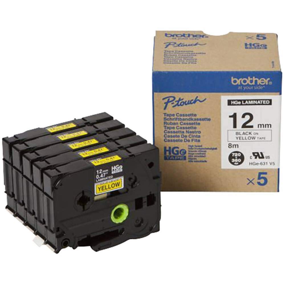 Brother HGE-631V5 - Black on yellow - Roll (1.2 cm x 8 m) 5 cassette(s) laminated tape - for P-Touch PT-9500pc, PT-9700PC, PT-9800PCN