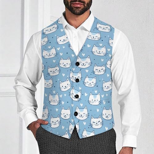 Cute Light Blue Cat Men's Suit Vest Waistcoat Vests Formal Dress with 2 Pockets for Business Casual Tuxedo2