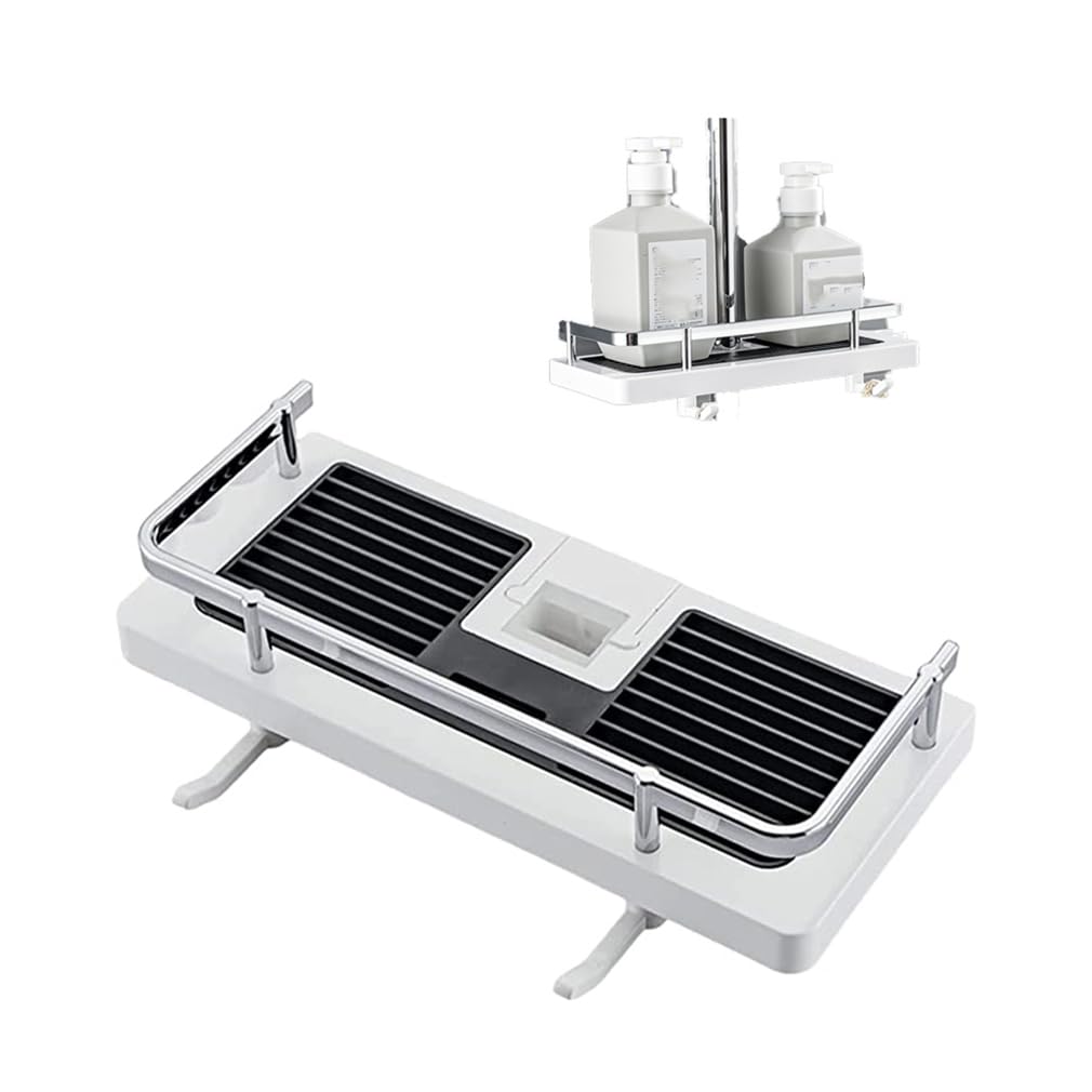 Estante de ducha elevable, estante de almacenamiento adhesivo sin taladro, fácil de instalar, soporte para barra de ducha sin perforaciones, accesorio moderno de agujero cuadrado blanco