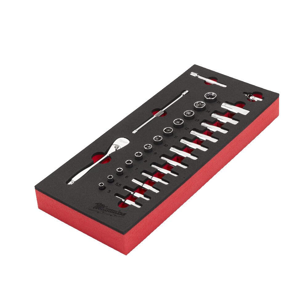 Milwaukee Set di chiavi a cricchetto da 1/4", inserto in schiuma per carrello da officina da 30", 28 pezzi