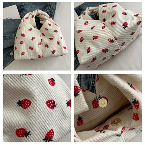 Corduroy Tote Bag Strawberry Cute Corduroy Knot Bag Alt Trendy Knot Handbag Strawberry Print Underarm Shoulder Purse 20254