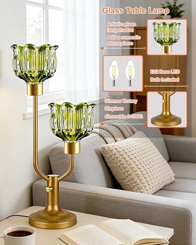 Image of Lightdot Flower Table Lamp for Bedroom Vintage Green Glass Lamp Dimmable