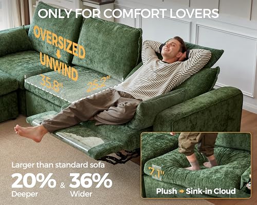 Image of 152.4 inch Power Recliner Sofa Wall Hugger, Modular Cloud Sectional Reclining Couch with Headrest, Storage Drawer Cup Holder, 3-Seater with 2 Consoles for Home Theater Living Room, Chenille, Green