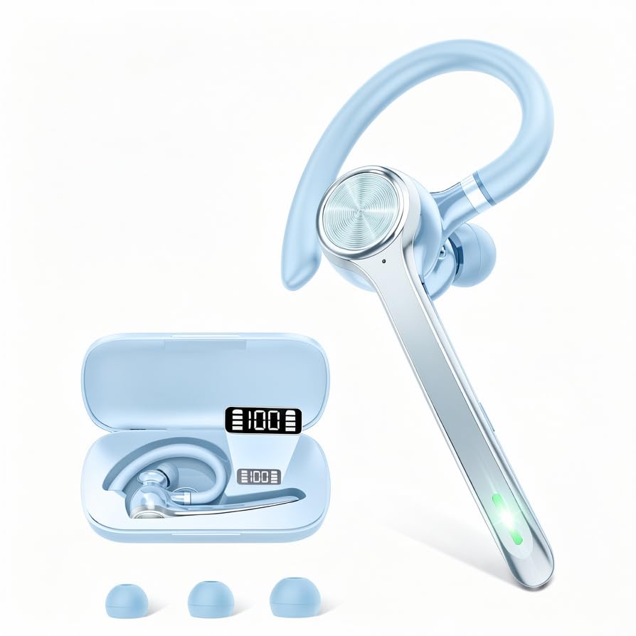 Image of HEIBAS Bluetooth Headset, Wireless Earpiece with Mic for Work Light Blue