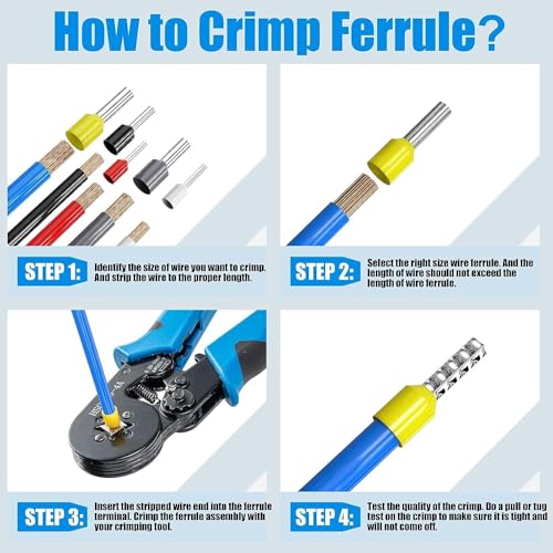 Image of ELECTRO WOLF Ferrule Crimping Tool Kit, Self-Adjusting Square Wire Crimper Plier for AWG23-7 with 1200 Red Copper Wire End Terminals