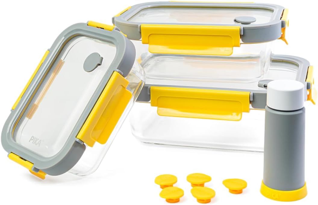 PIKA - Lot de 3 boites alimentaires sous vide en verre + pompe de mise