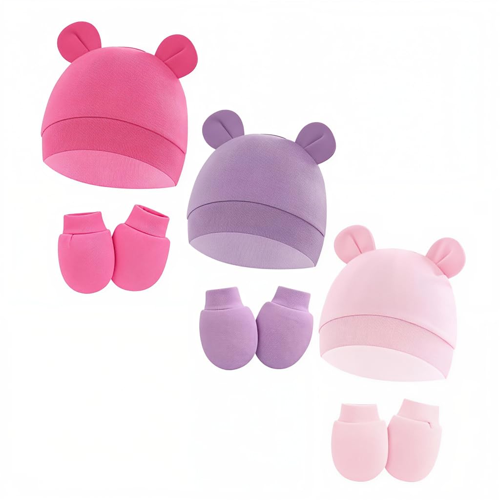 3-Pack Cotton Baby Mittens Set 0 to 6 Months, Soft Stretchy Cotton Newborn Beanie with Bear Ears, Newborn & Toddler Warm Caps and Mittens, New Born Baby Gifts Set-image-23