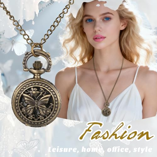 Image of JewelryWe Vintage Butterfly Pocket Watch: Retro Design Bronze Flower Openwork Cover Quartz Pendant Necklace Watches with Chain for Xmas for Mother's Day