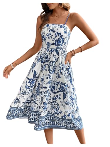 Floerns Women's Boho Floral Spaghetti Strap Dress Shirred Flared A Line Midi Dress
