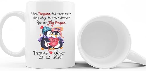 Mugs Café de aniversario personalizado para esposa marido de él ella amante regalos para aniversario You Are My Penguins Coupe romántico nombre