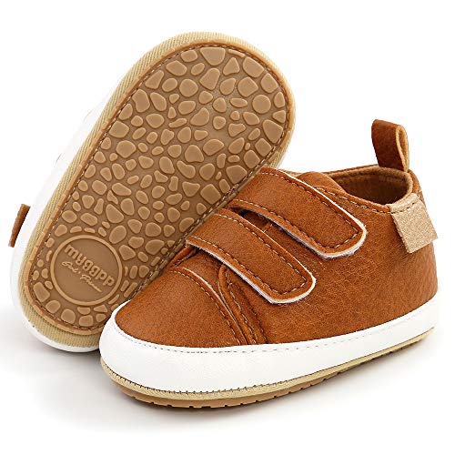 LAFEGEN Baby Boy Girl Walking Shoes Non Slip Hard Bottom Infant High Top Sneaker PU Leather Moccasins Toddler First Walker Crib Dress Tennis Shoes 3-18 Months 02 Brown, 3-6 Months Infant