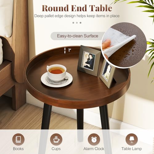 Giantex Round End Table, Mid Century Modern Side Table with Wooden Tray & Bamboo Legs, Sofa Couch Accent Table, Small Coffee Table for Small Space Living Room, Nightstand for Bedroom, Walnut - Image 6
