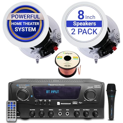 Image of Vaiyer Home Audio Sound System Kit - 1000 W Bluetooth Amplifier w / 2 Qty of 8 inch Framed Ceiling Speakers 300 W Each, Mic, 50 ft Speaker Wire & Remote Perfect for Home, Office, Restaurant, Bar