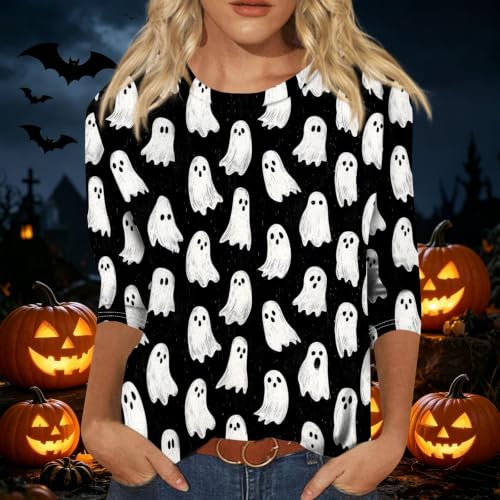 Image of Women Spooky Halloween Graphic Shirt 3 /4 Length Sleeve Crewneck Top | Halloween Funny Printed Pumpkin Plus Size Tshirts 2026 Fall Outfits Skeleton Tee Going Out Tops