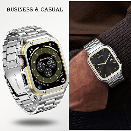 Image of MioHHR Stainless Steel Band and Case Compatible with Apple Watch Band 45mm | Men Metal Protective Bumper Cover with Straps for iWatch 45mm Series 9 /8 /7, Silver /Gold