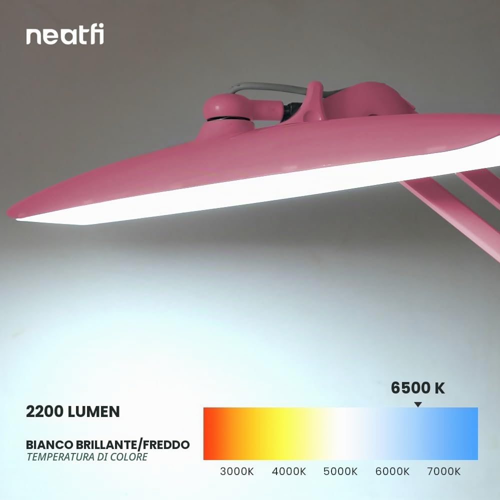 Neatfi XL Lampada da Scrivania LED 2200 Lumen 24W con Morsetto – Illuminazione Senza Ombre | 4 Livelli di Intensità | Ufficio Domestico e Hobby | Testa Larga 50 cm (Rosa, Non-CCT con morsetto)