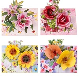 Pop Up Greeting Cards Assortment, 4 Cards, Flower Card, Birthday Cards, Anniversary, Mother Day, Father Day, Thinking of You, Thank You Card