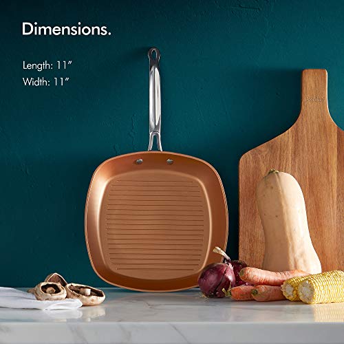 VonShef Non Stick Aluminum Grill Pan, Easy Clean Griddle With Copper Colored Interior and Stainless Steel Handle, Induction Hob Ready, 11 Inches Diameter - Thumbnail 3
