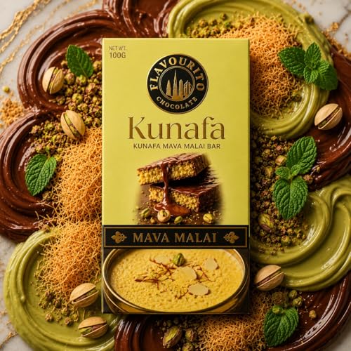 Image of Flavourito Kunafa Chocolate Bar 100g, Mava Malai Satisfying, Sharp Snap Of Smooth Milk Chocolate that Gives Way to a Creamy, Rich, and Nutty Pistachio By DECADENT FOODS